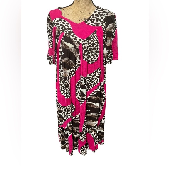 Go Softly Patio House Dress‎ Crinkle Rayon Mumu Sz Small Pink Brown Animal Print - Picture 1 of 5